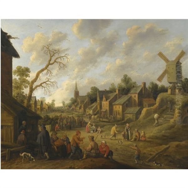 A Wide Street Through A Village Filled With Numerous Figures And Overlooked By A Windmill Oil Painting by Joost Cornelisz. Droochsloot