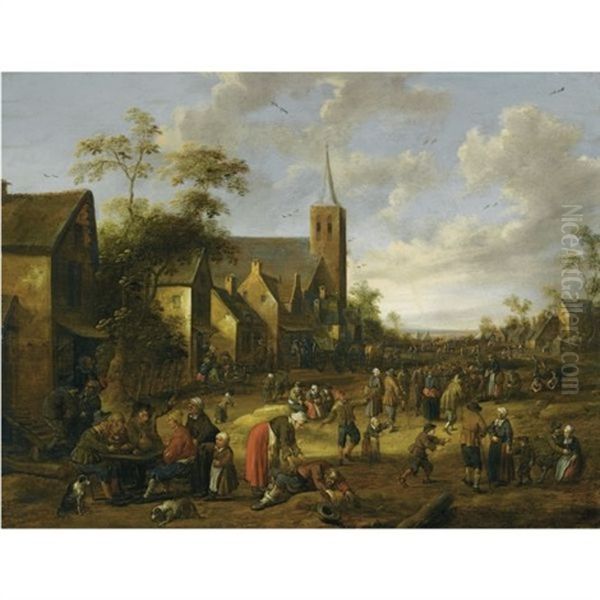 A Busy Village Street With Numerous Figures, Peasants Eating And Drinking At A Table In The Foreground, A Church Tower Beyond Oil Painting by Joost Cornelisz. Droochsloot