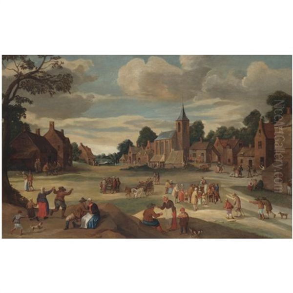 A Busy Village Scene With Numerous Figures, Near A Church Tower Oil Painting by Joost Cornelisz. Droochsloot