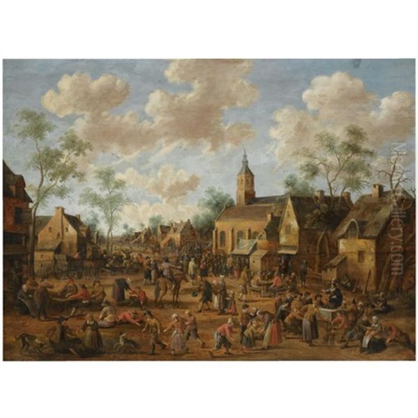 A Village Kermesse, With Numerous Figures Feasting And Conversing In The Street, Other Figures Gathered Around A Quack Doctor In The Foreground, A Church On The Right With A Crowd Oil Painting by Joost Cornelisz. Droochsloot