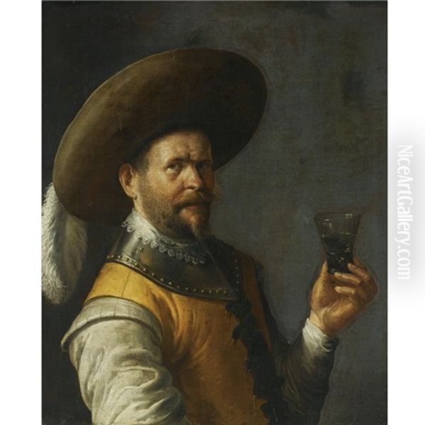 A Self Portrait Of The Artist, Dressed As A Cavalier, Wearing A Feathered Head, Holding A Glass In His Left Hand Oil Painting by Joost Cornelisz. Droochsloot