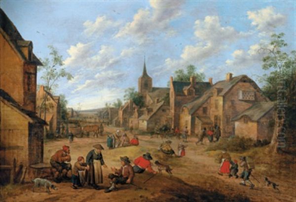 Eine Belebte Dorfstrasse Mit Einer Kirche Im Hintergrund Oil Painting by Joost Cornelisz. Droochsloot