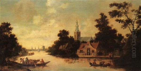 Paysage De Campagne A La Riviere Avec La Traversee En Bac Des Animaux Oil Painting by Joost Cornelisz. Droochsloot