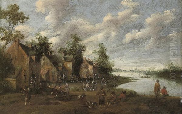 A Village With Figures Outside An Inn, A Church Beyond (+ A Riverside Village With Fishermen And Figures Conversing; Pair) Oil Painting by Joost Cornelisz. Droochsloot