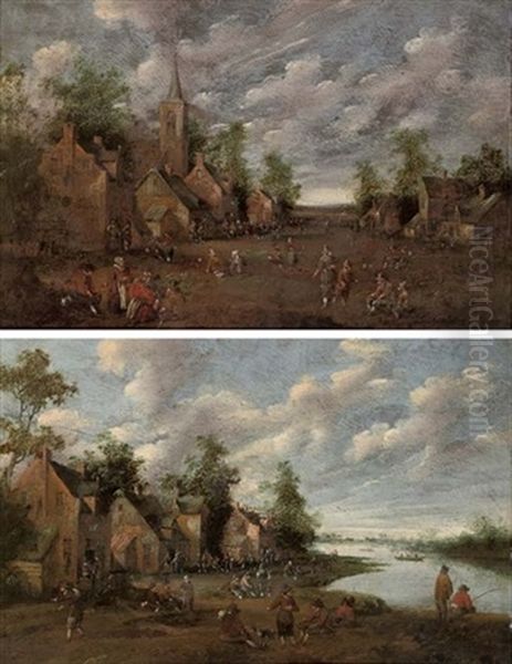 A Village With Figures Outside An Inn, A Church Beyond (+ A Riverside Village With Fishermen And Figures Conversing; Pair) Oil Painting by Joost Cornelisz. Droochsloot