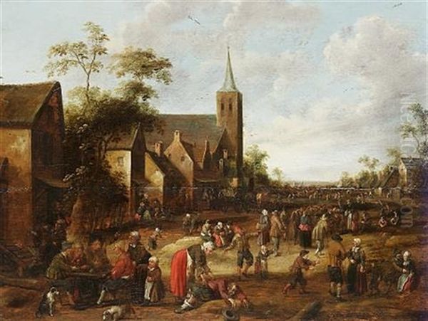 A Busy Village Street With Figures Seated Outside An Inn Oil Painting by Joost Cornelisz. Droochsloot