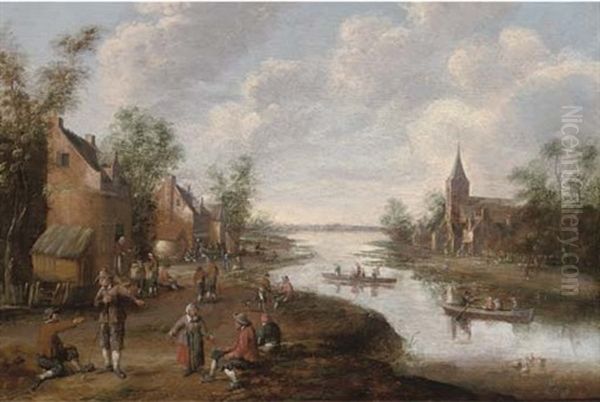 An Extensive River Landscape With Peasants In A Village, A Church Beyond Oil Painting by Joost Cornelisz. Droochsloot