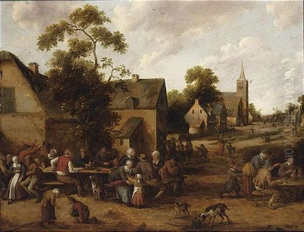 A Village Scene With Peasants Drinking And Smoking Around Tables, Other Figures Conversing In The Background, A Church Beyond Oil Painting by Joost Cornelisz. Droochsloot