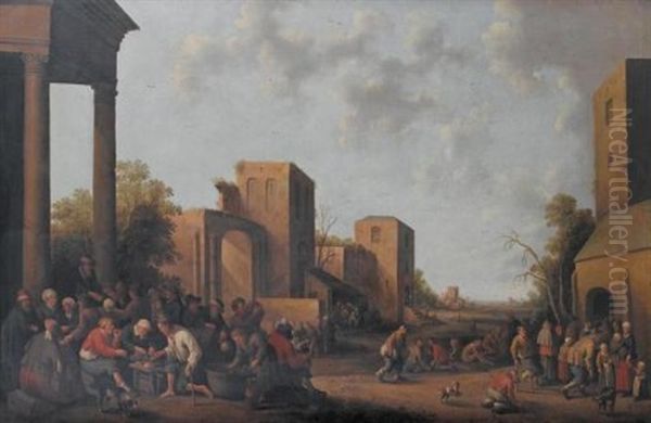 A View Of A Village With Beggars Receiving Alms Outside A Convent And Others Making Merry By A Ruin To The Left Oil Painting by Joost Cornelisz. Droochsloot