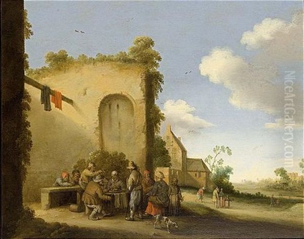 A Village Street With Peasants Drinking And Eating At A Table Together With A Dog, Other Figures Beyond Oil Painting by Joost Cornelisz. Droochsloot