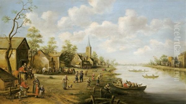 Dorf An Einem Fluss Mit Booten Und Vielen Figuren Oil Painting by Joost Cornelisz. Droochsloot