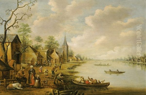 Dorf An Einem Fluss Mit Vielen Figuren Oil Painting by Joost Cornelisz. Droochsloot