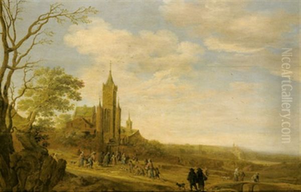 Weite Landschaft Mit Bauern Auf Dem Gang Zur Kirche Oil Painting by Joost Cornelisz. Droochsloot