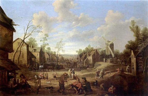 A Village Street With A Mill And Figures Outside A Tavern And Other Figures On The Street With Horse-drawn Wagons Oil Painting by Joost Cornelisz. Droochsloot