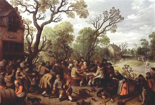 A Village Scene With Peasants Making Merry And Music With A Violin Player Outside An Inn, Together With Peasants Eating And Drinking At A Table Oil Painting by Joost Cornelisz. Droochsloot