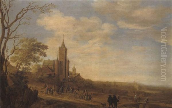 Weite Landschaft Mit Bauern Auf Dem Gang Zur Kirche Oil Painting by Joost Cornelisz. Droochsloot