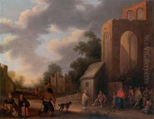 A Village Street Scene With Numerous Peasants In The Foreground Oil Painting by Joost Cornelisz. Droochsloot