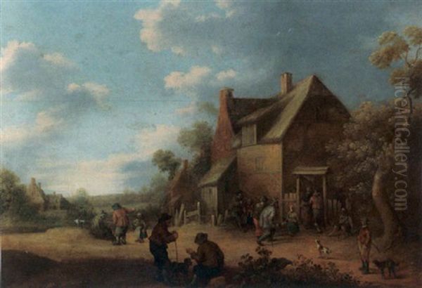 A Landscape With Figures And Dogs Near A Tavern Oil Painting by Joost Cornelisz. Droochsloot