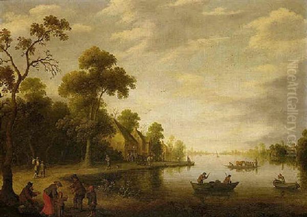 A River Landscape With Fishermen, Beggars On A Track And A Horse Drawn Cart Stopped Outside, An Inn Beyond Oil Painting by Joost Cornelisz. Droochsloot