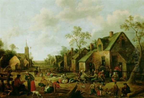 A Village Street Scene With Figures Making Merry Near An Inn Oil Painting by Joost Cornelisz. Droochsloot