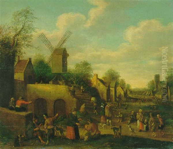 Belebte Hollandische Dorfstrase Mit Bauern, Bettlern, Vornehmem Paar Und Kindern Oil Painting by Joost Cornelisz. Droochsloot