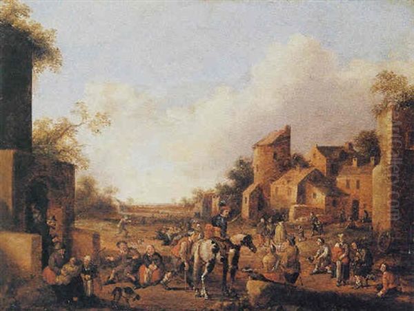 A Village Street Scene With A Horseman And A Beggar, With Other Figures Around Oil Painting by Joost Cornelisz. Droochsloot