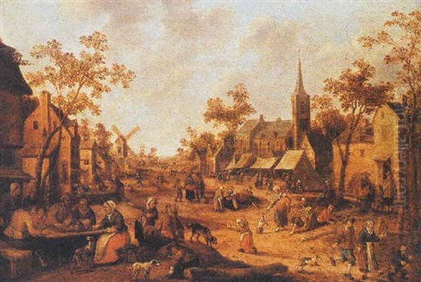 A Village Market Scene With Figures Drinking Before An Inn Oil Painting by Joost Cornelisz. Droochsloot