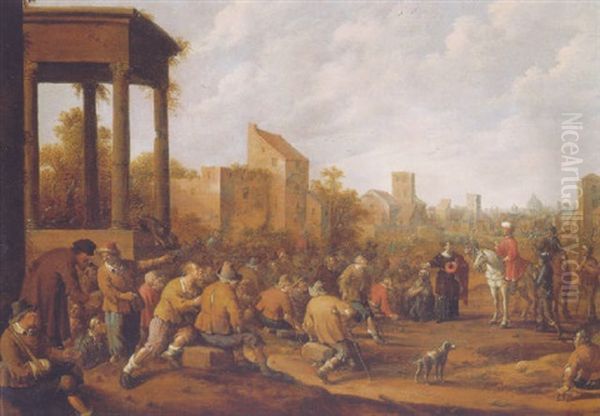 Peasants And Beggars Welcoming A Traveller In A Village Street By A Classical Portico Oil Painting by Joost Cornelisz. Droochsloot