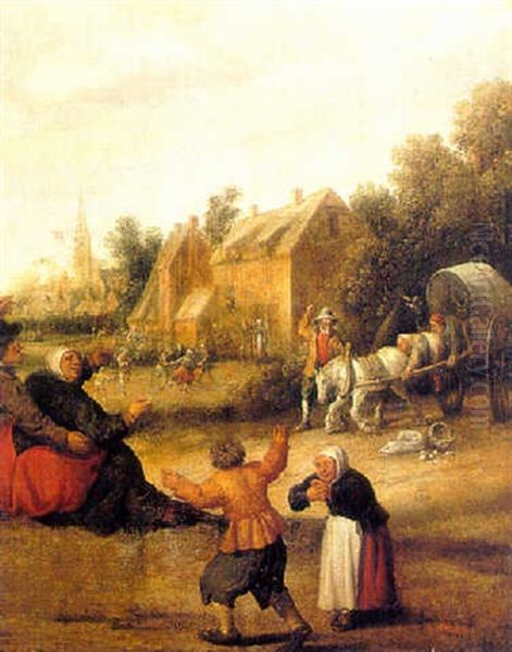 A Village Scene With A Horse-drawn Cart Oil Painting by Joost Cornelisz. Droochsloot