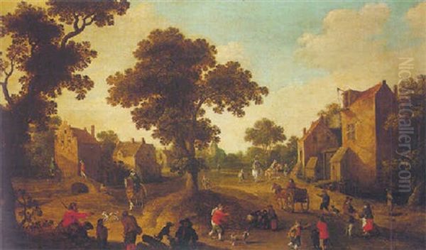 A View Of A Town With Peasants And Beggars Oil Painting by Joost Cornelisz. Droochsloot