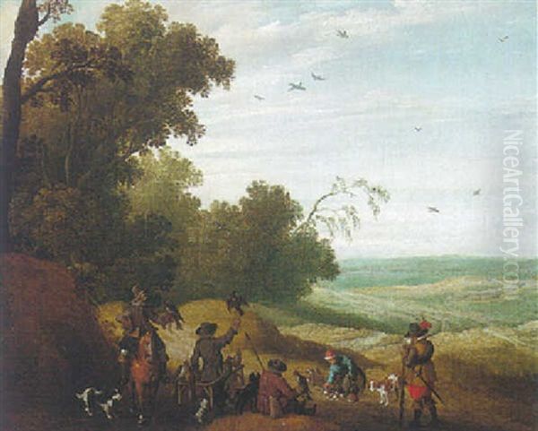 A Hawking Party Halted Beside The Edge Of A Wood Oil Painting by Joost Cornelisz. Droochsloot