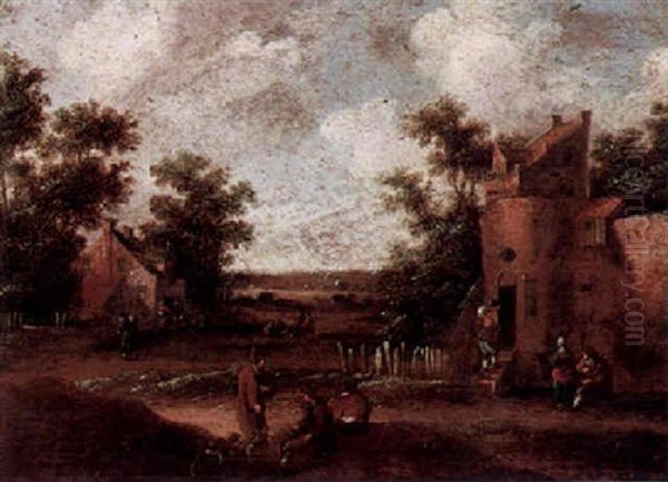 Travellers Resting On A Path In Front Of A Keep Oil Painting by Joost Cornelisz. Droochsloot