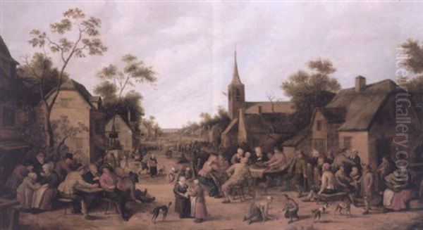 Street Scene With Villagers Feasting And Conversing Outside Their Houses, A Church To The Right With A Crowd Oil Painting by Joost Cornelisz. Droochsloot