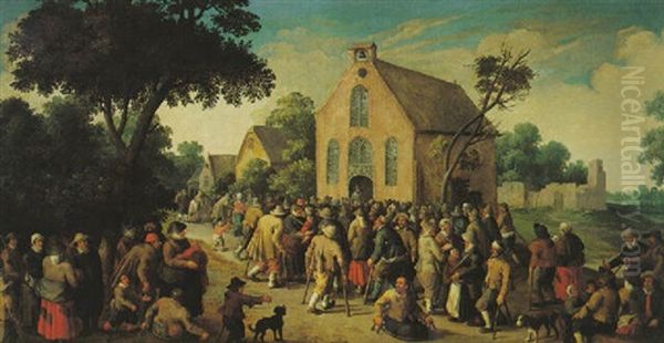 A Village Scene With Peasants Gathering Outside A Church by Joost Cornelisz. Droochsloot