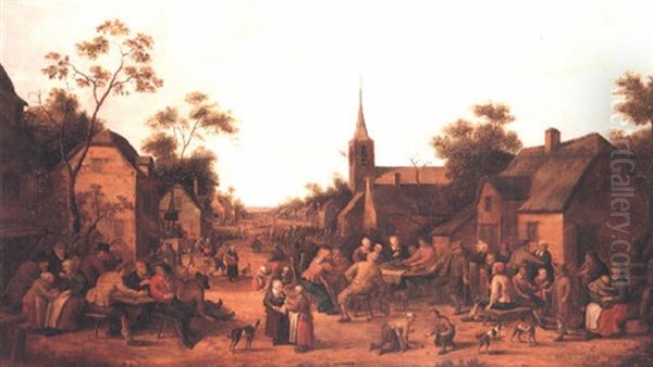 Village Street Scene With Villagers Feasting And Conversing Oil Painting by Joost Cornelisz. Droochsloot