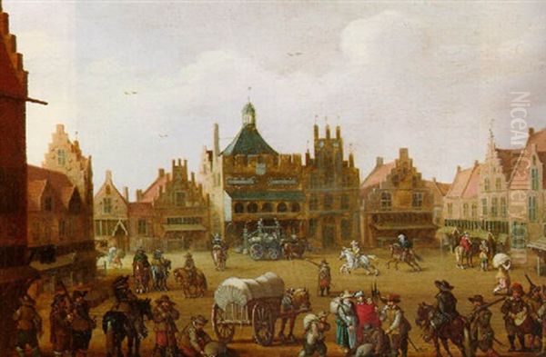 A View Of De Hof In Amersfoort With Cavalrymen And Horses And Wagons, The City Hall Beyond Oil Painting by Joost Cornelisz. Droochsloot