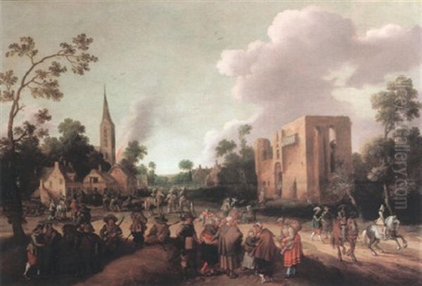 Soldiers Pillaging A Country Village, A Church In Flames In The Distance Oil Painting by Joost Cornelisz. Droochsloot