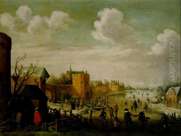 A Winter Landscape With Kolf Players, Skaters And Other Figures By A Walled Town Oil Painting by Joost Cornelisz. Droochsloot