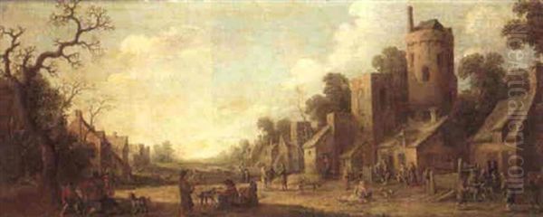 A Village Street With Numerous Figures Conversing And Children Playing, Landscape Beyond Oil Painting by Joost Cornelisz. Droochsloot