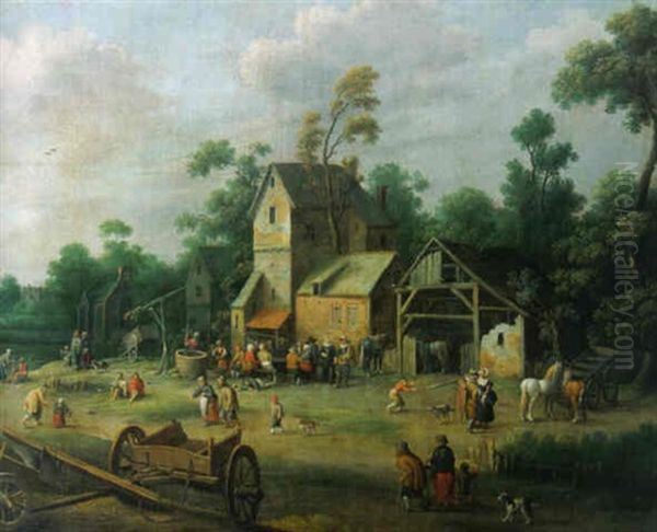 Boors Seated At Table In A Farmyard With Elegant Travellers Nearby Oil Painting by Joost Cornelisz. Droochsloot