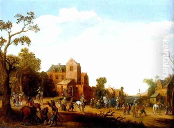 A Village Street With Soldiers Conscripting Men For War And Collecting Tithes Oil Painting by Joost Cornelisz. Droochsloot