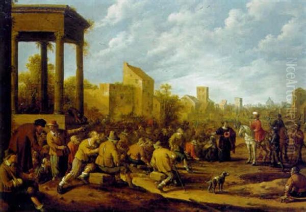 A Priest Interceding On Behalf Of Crippled Peasants To A Mayor On Horseback Oil Painting by Joost Cornelisz. Droochsloot