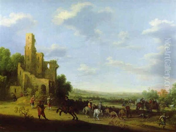 Weite Hollaendische Duenenlandschaft Mit Ruinen Und Einem Ueberfall Von Reitern Auf Reisende Oil Painting by Joost Cornelisz. Droochsloot