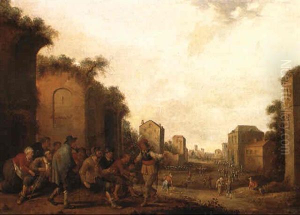 Beggars Accosting A Gentleman In A Village Oil Painting by Joost Cornelisz. Droochsloot