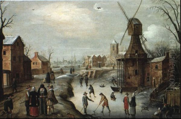 Paysage A La Riviere Gelee, Patineurs Et Moulin Oil Painting by Joost Cornelisz. Droochsloot