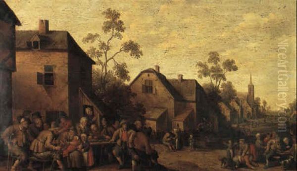 Village Scene With Figures Eating And Playing Oil Painting by Joost Cornelisz. Droochsloot