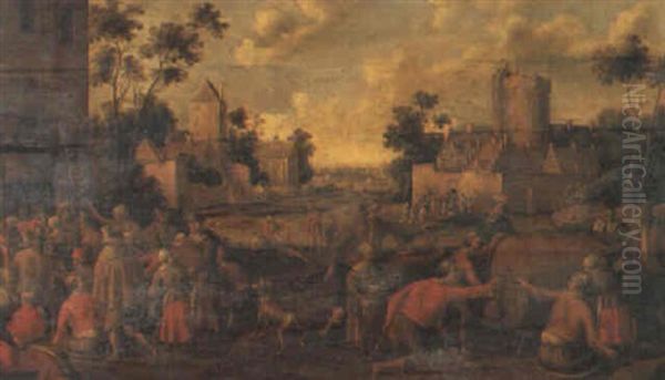 Village Scene With Figures Drinking Oil Painting by Joost Cornelisz. Droochsloot