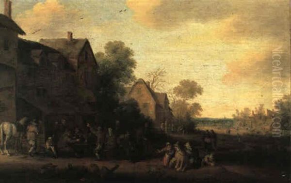 Villagers Seated Outside A Tavern Drinking Oil Painting by Joost Cornelisz. Droochsloot