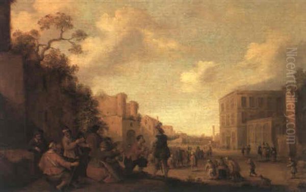 Vue D'une Ville Italienne Animee De Nombreux Personnages Oil Painting by Joost Cornelisz. Droochsloot