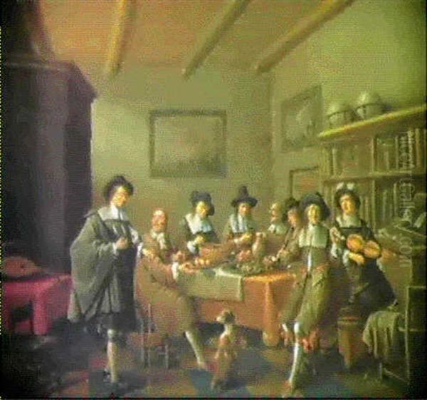 Eine Gesellschaft Von Schmausenden Und Musizierenden        Kavalieren In Einer Bibliothek Oil Painting by Joost Cornelisz. Droochsloot